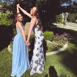 White palm dress with black and silver embroidery